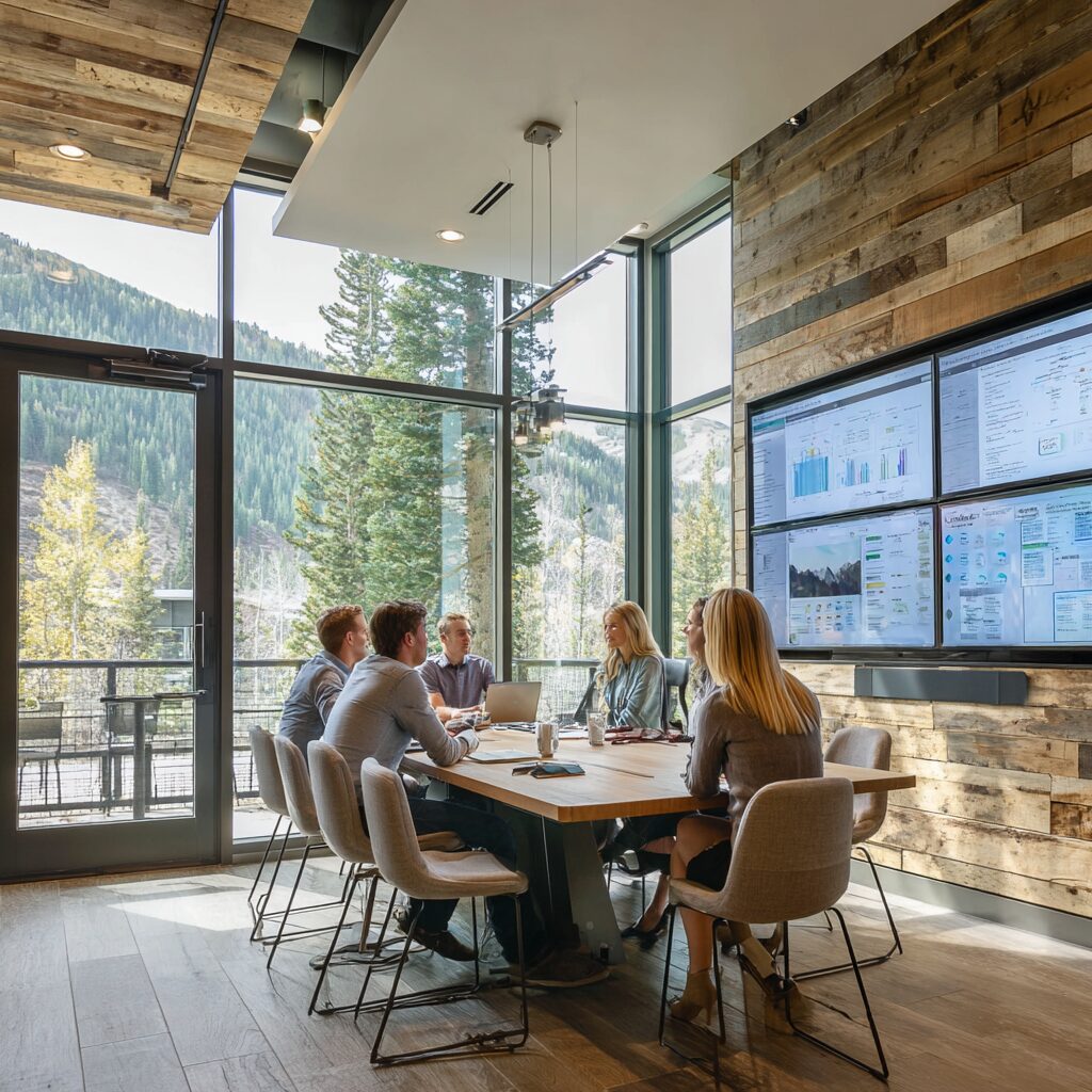 Business team meeting around a conference table in a mountain-view office with data dashboards on screen