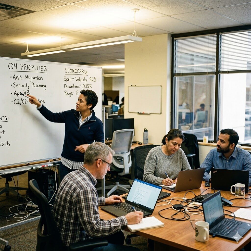 A team reviewing Q4 priorities and a scorecard at a whiteboard during a planning meeting