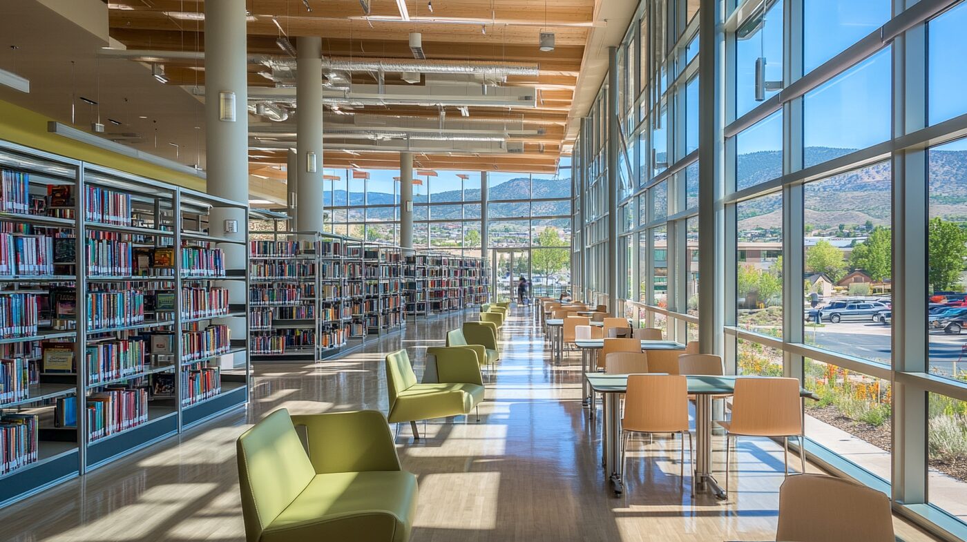 Sunlit public library interior with book stacks and a wall of windows framing a mountain view