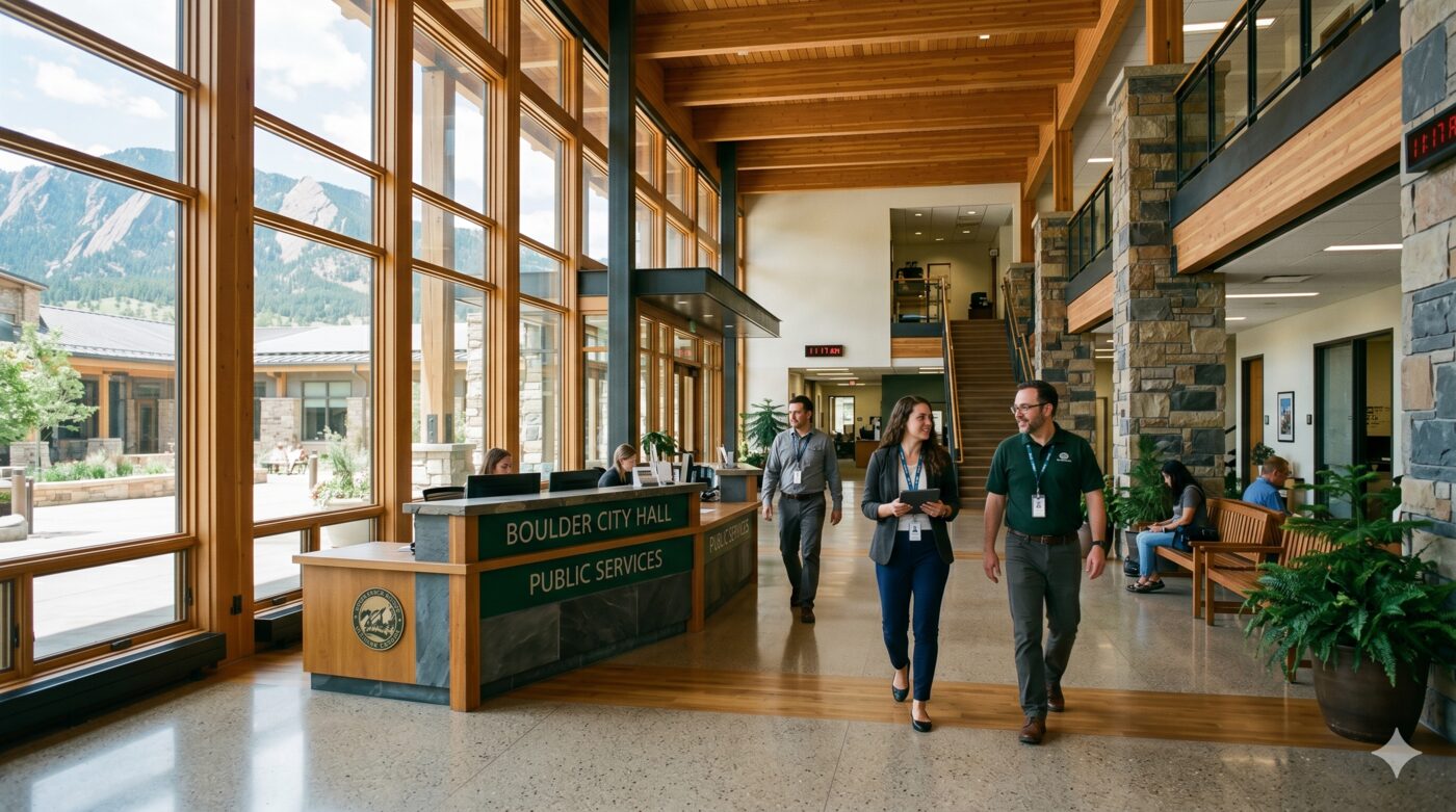 Bright, modern public building lobby with timber beams and a window wall framing a mountain view, staff and visitors walking through